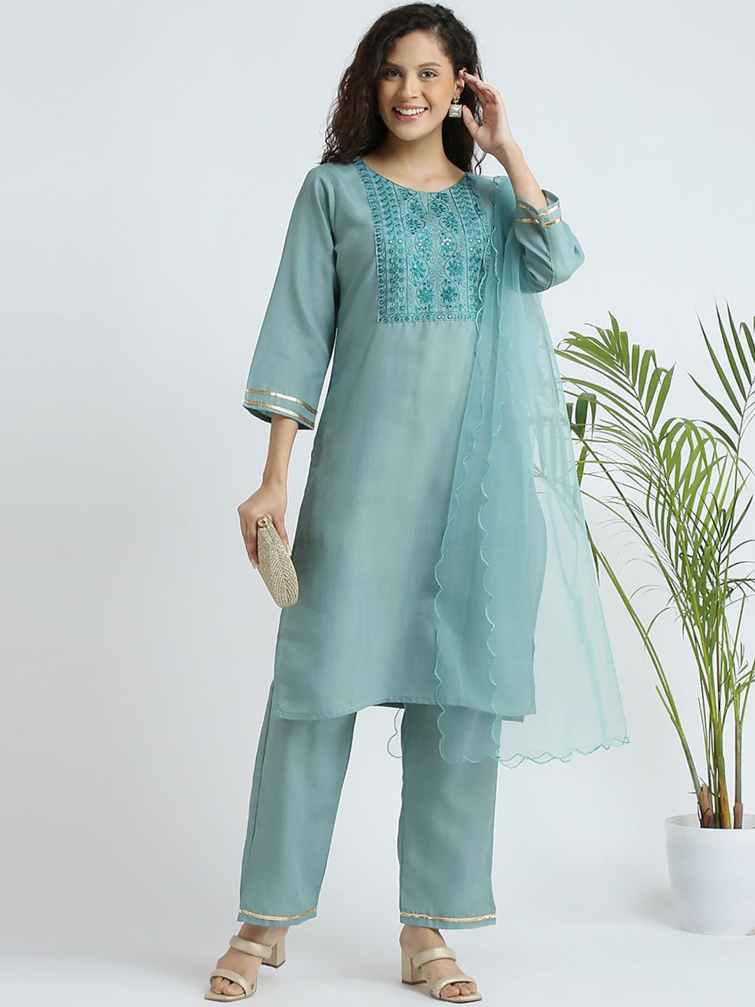 

VredeVogel Ethnic Motifs Yoke Design Embroidered Kurta with Trousers & Dupatta, Blue