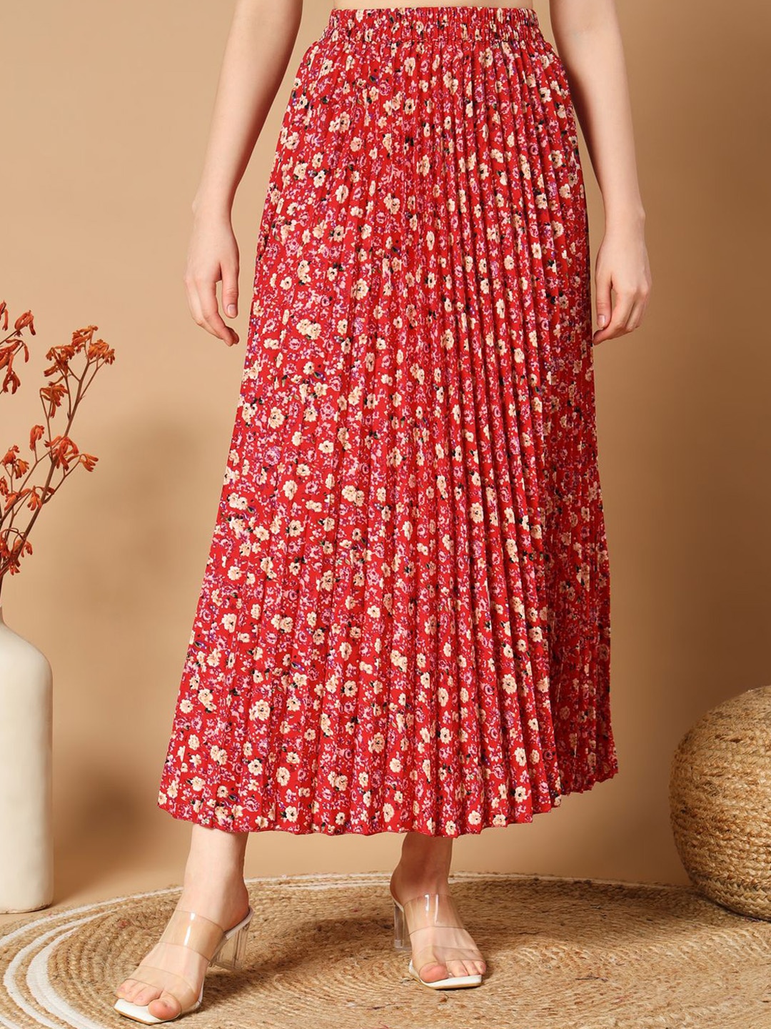 

ZWERLON Floral Printed A-Line Maxi Skirt, Red