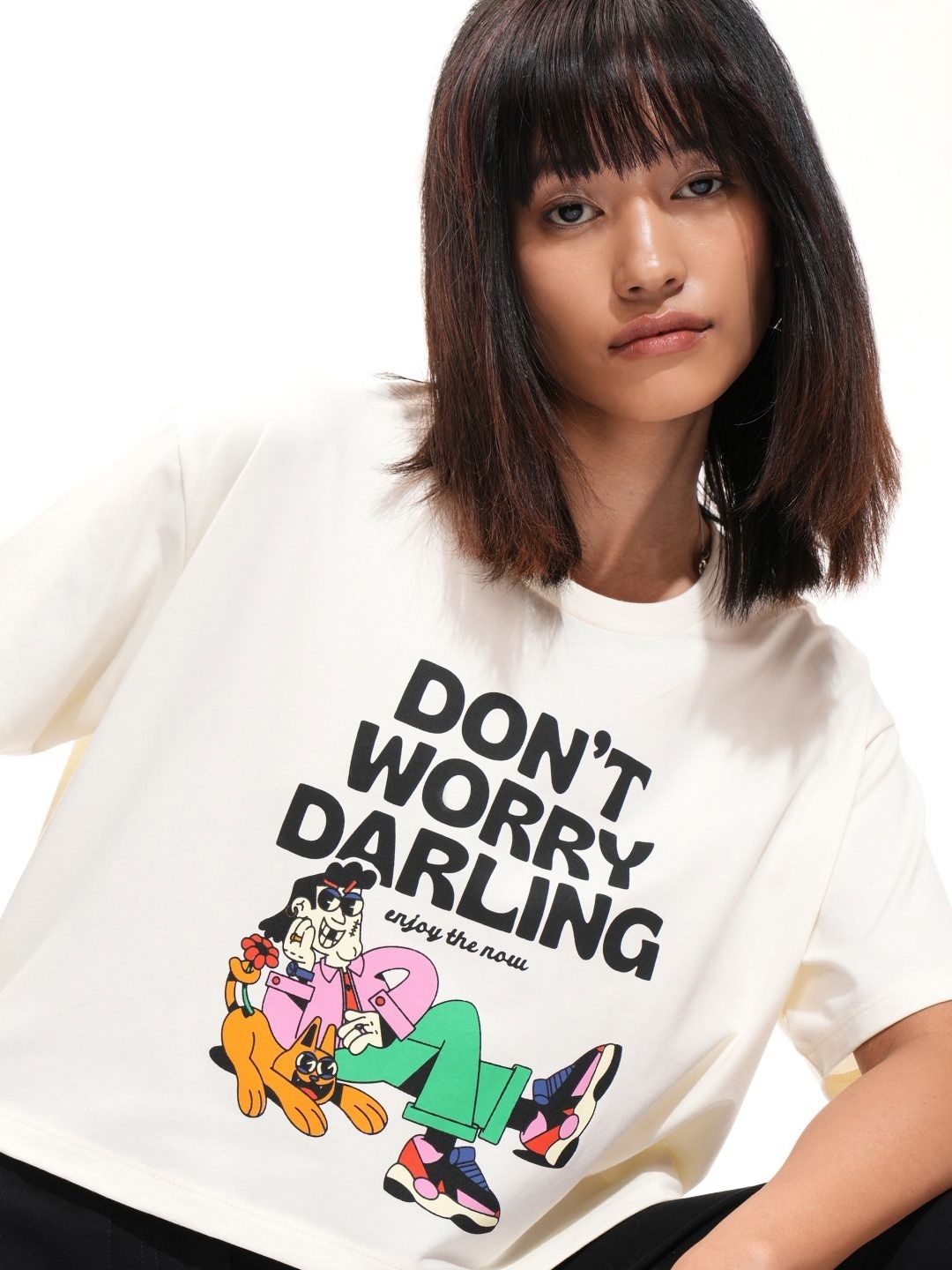 

Tokyo Talkies Women Printed Drop-Shoulder Sleeves Slim Fit T-shirt, Off white
