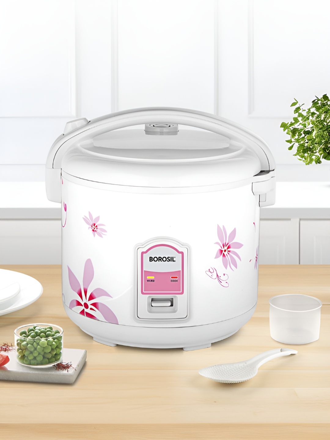 

BOROSIL Pronto Deluxe White & Pink Printed 1000W Electric Rice Cooker With Single Pot-2.8L