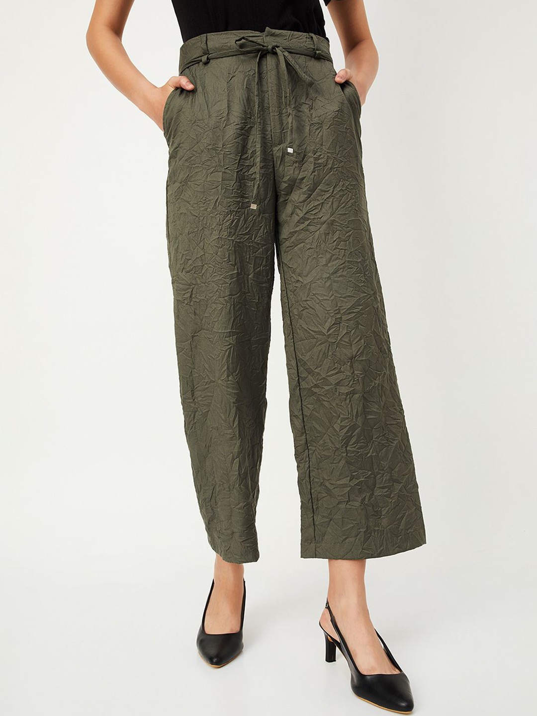 

Max x Kalki Women Textured Tie-Up Trousers, Green