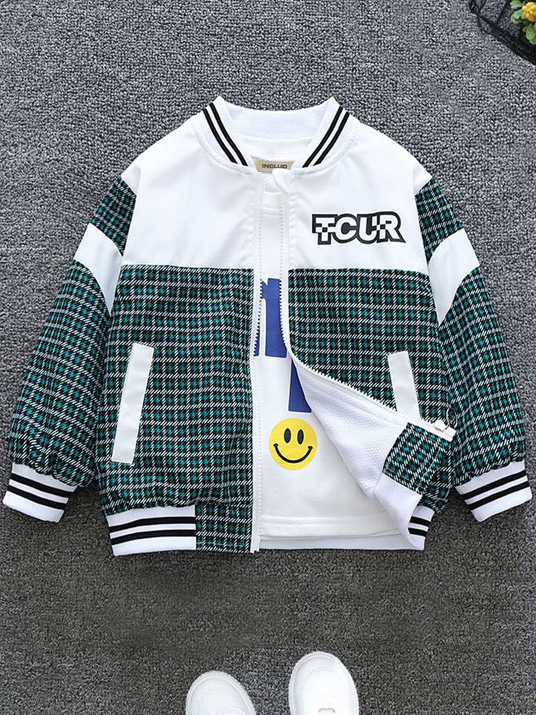 

INCLUD Boys Checked Mock Collar Open Front Casual Jacket, Green
