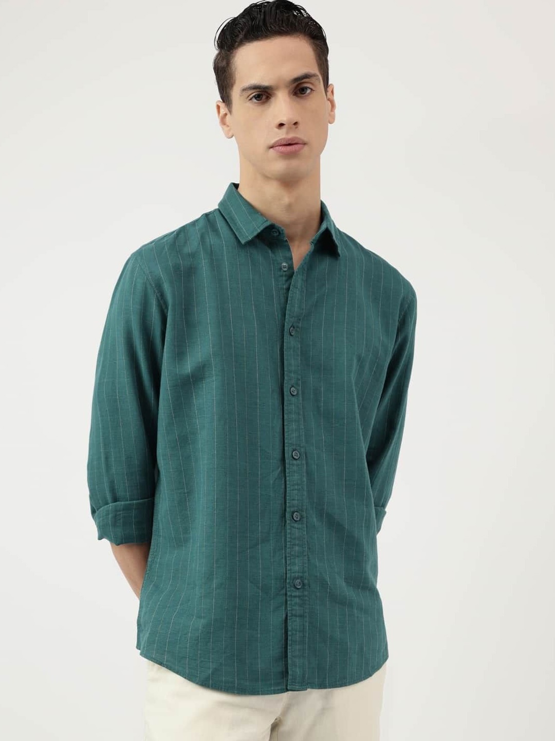 

Marks & Spencer Men Spread Collar Vertical Striped Linen Blend Relaxed Fit Casual Shirt, Teal