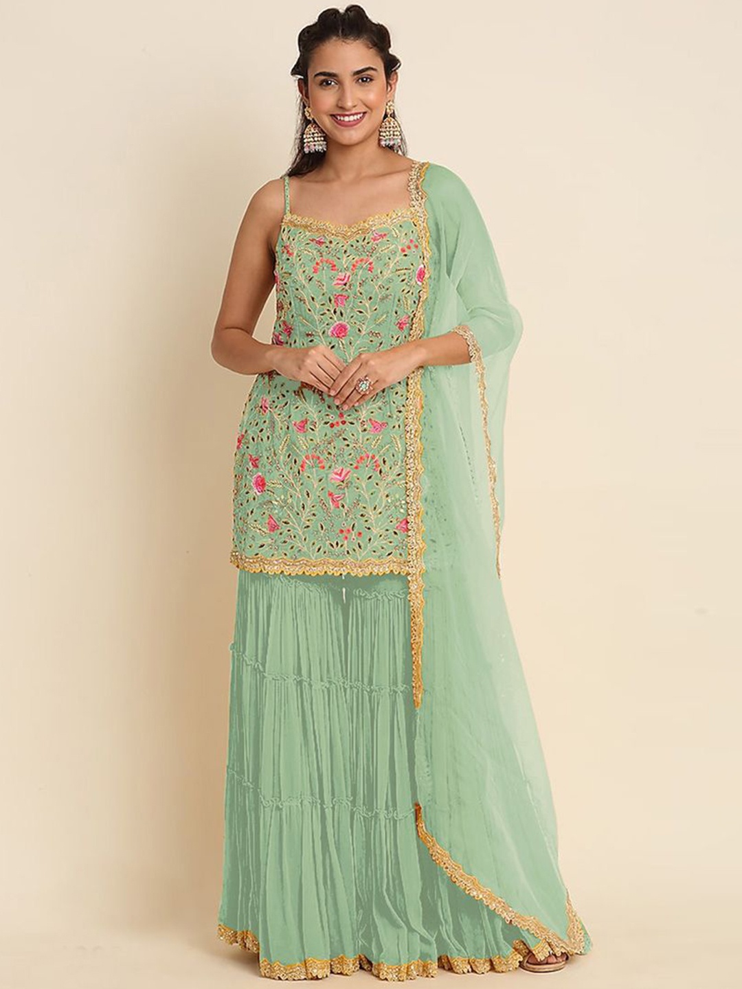 

ASISA Floral Embroidered Sequinned Semi-Stitched Dress Material, Sea green