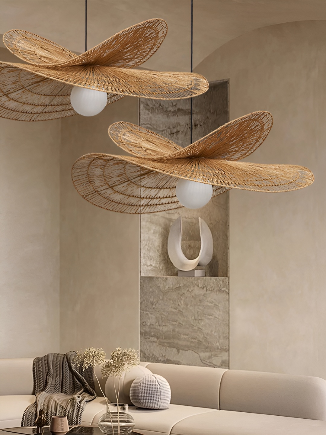 

HABERE INDIA Brown & White Textured Raffia Contemporary Abstract Shaped Ceiling Lamp