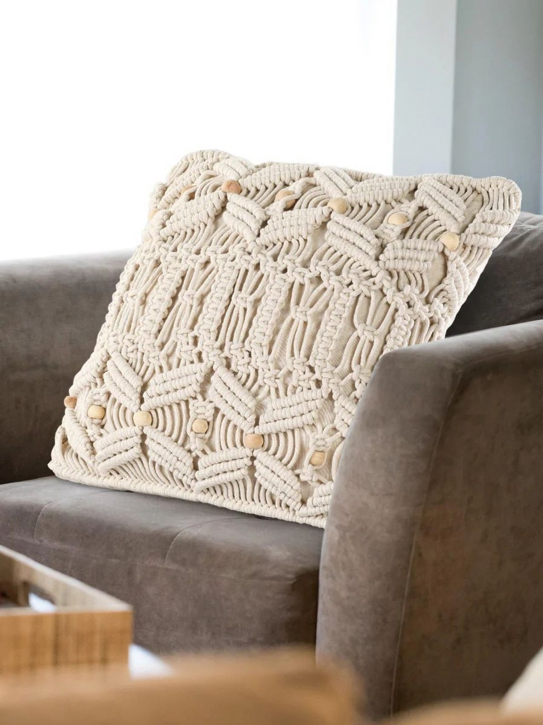 

SASHAA WORLD Beige Macrame Textured Cotton Square Cushion Covers