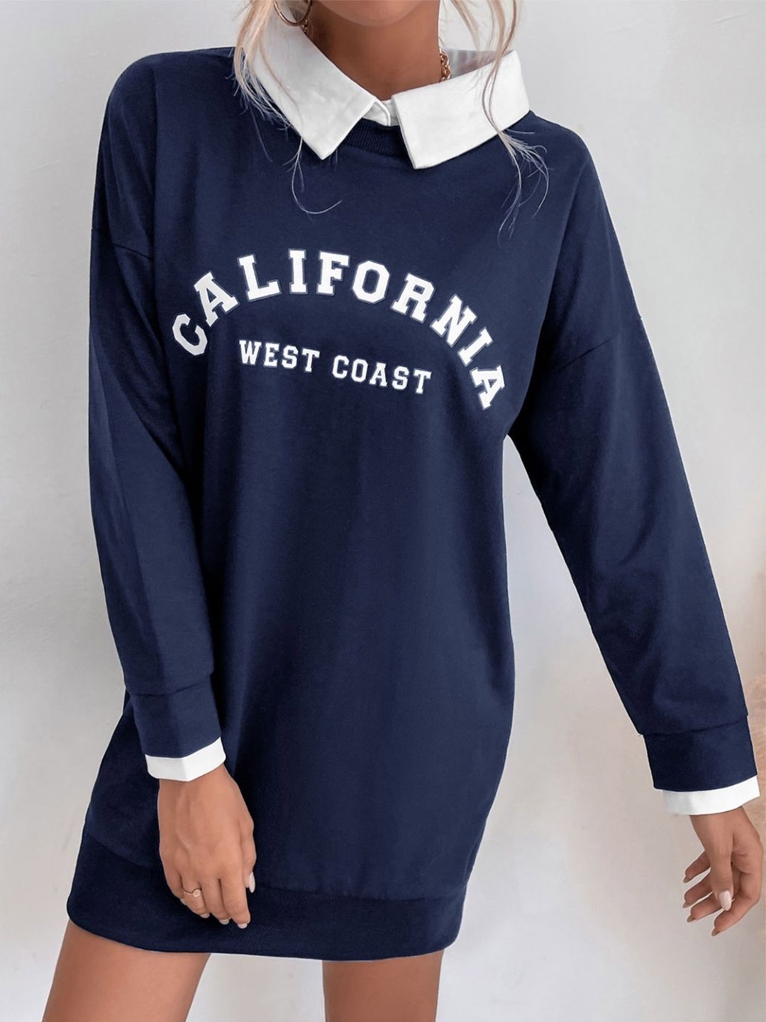 

KPOP Women Typography Printed Shirt Collar Pullover Sweatshirt, Navy blue