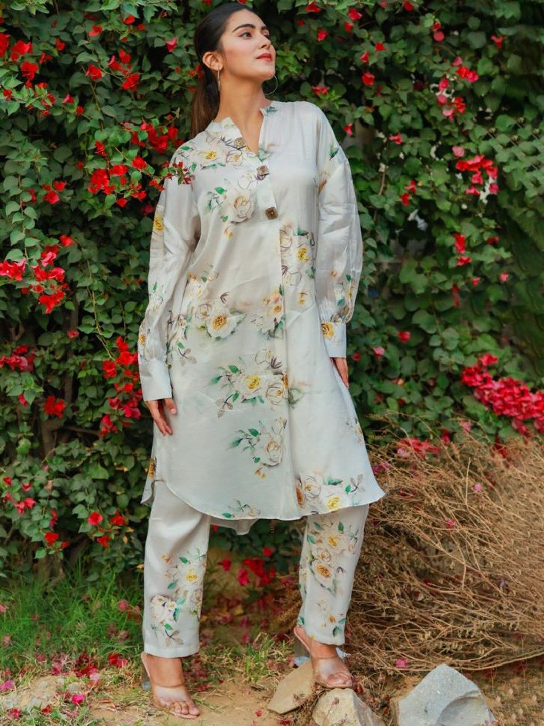 

AUTUMN LANE Floral Printed Mandarin Collar Pure Cotton Anarkali Kurta With Trouser, White