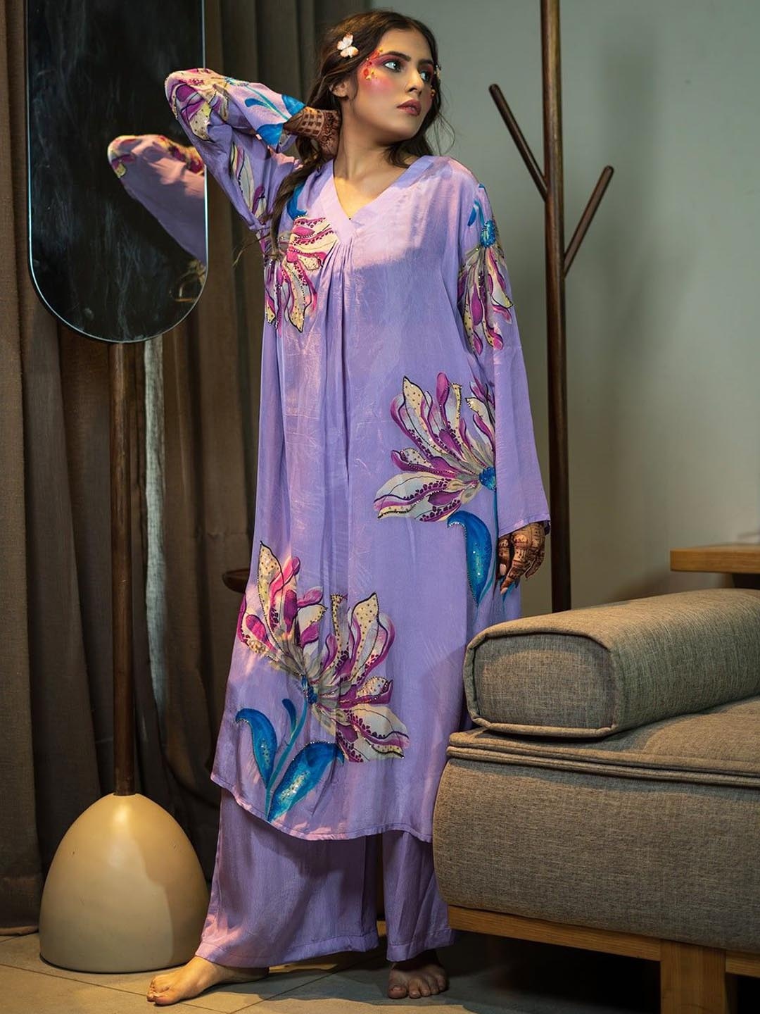 

AUTUMN LANE Floral Printed Pure Cotton Straight Kurta With Palazzo, Purple