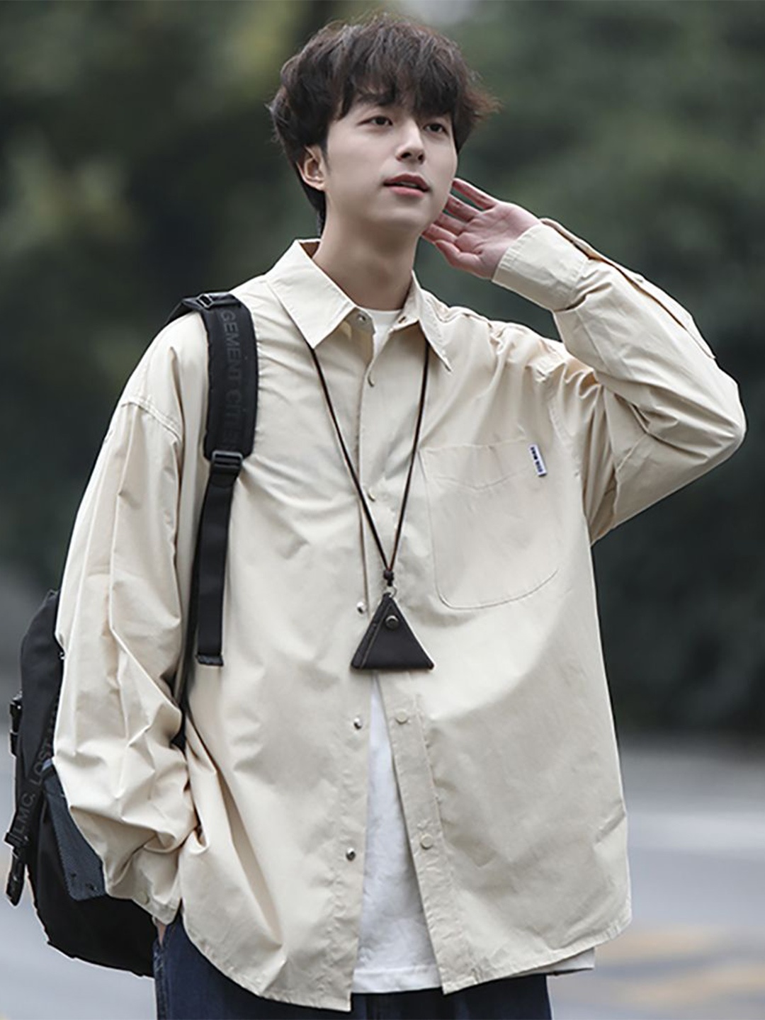 

StyleCast x Revolte Men Cutaway Collar Solid Oversized Casual Shirt, Beige