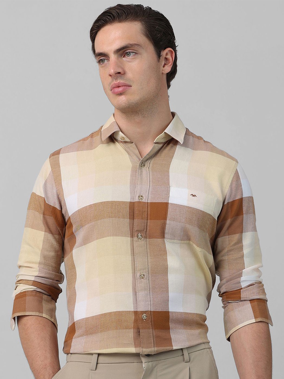 

Mufti Men Spread Collar Checked Cotton Slim Fit Casual Shirt, Beige