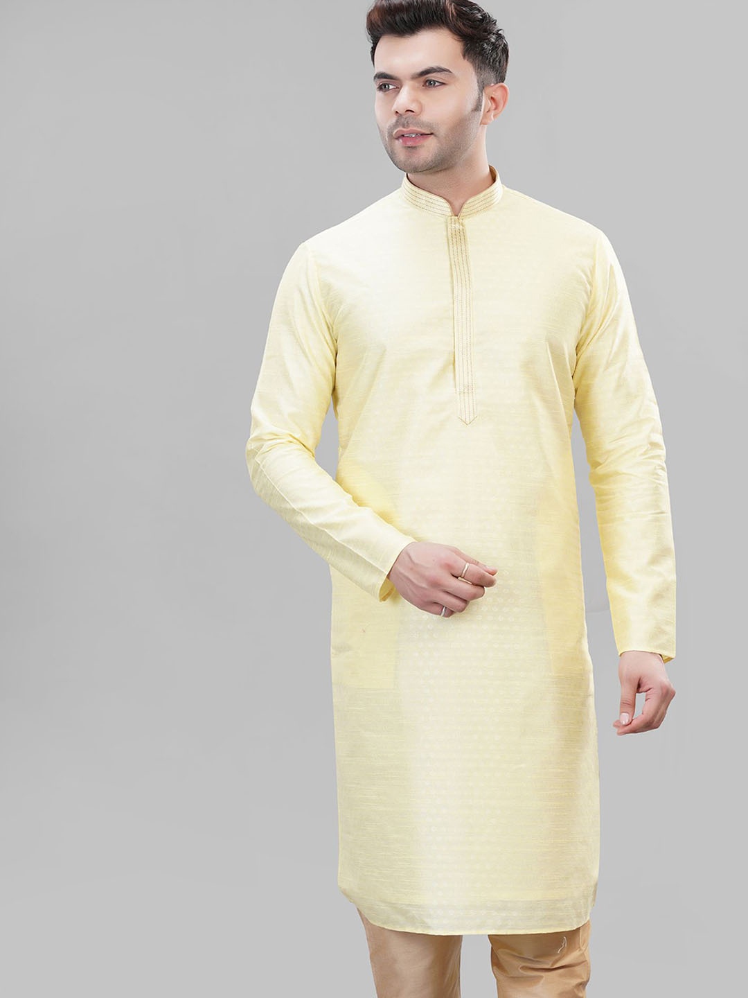 

LA'SCOOT Men Regular Thread Work Pure Cotton Kurta with Churidar, Yellow