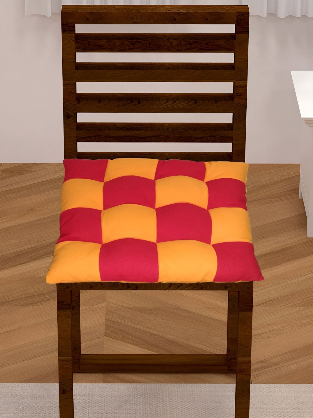 

Lushomes Red & Orange-Colored Checked Cotton Square Chair Pads