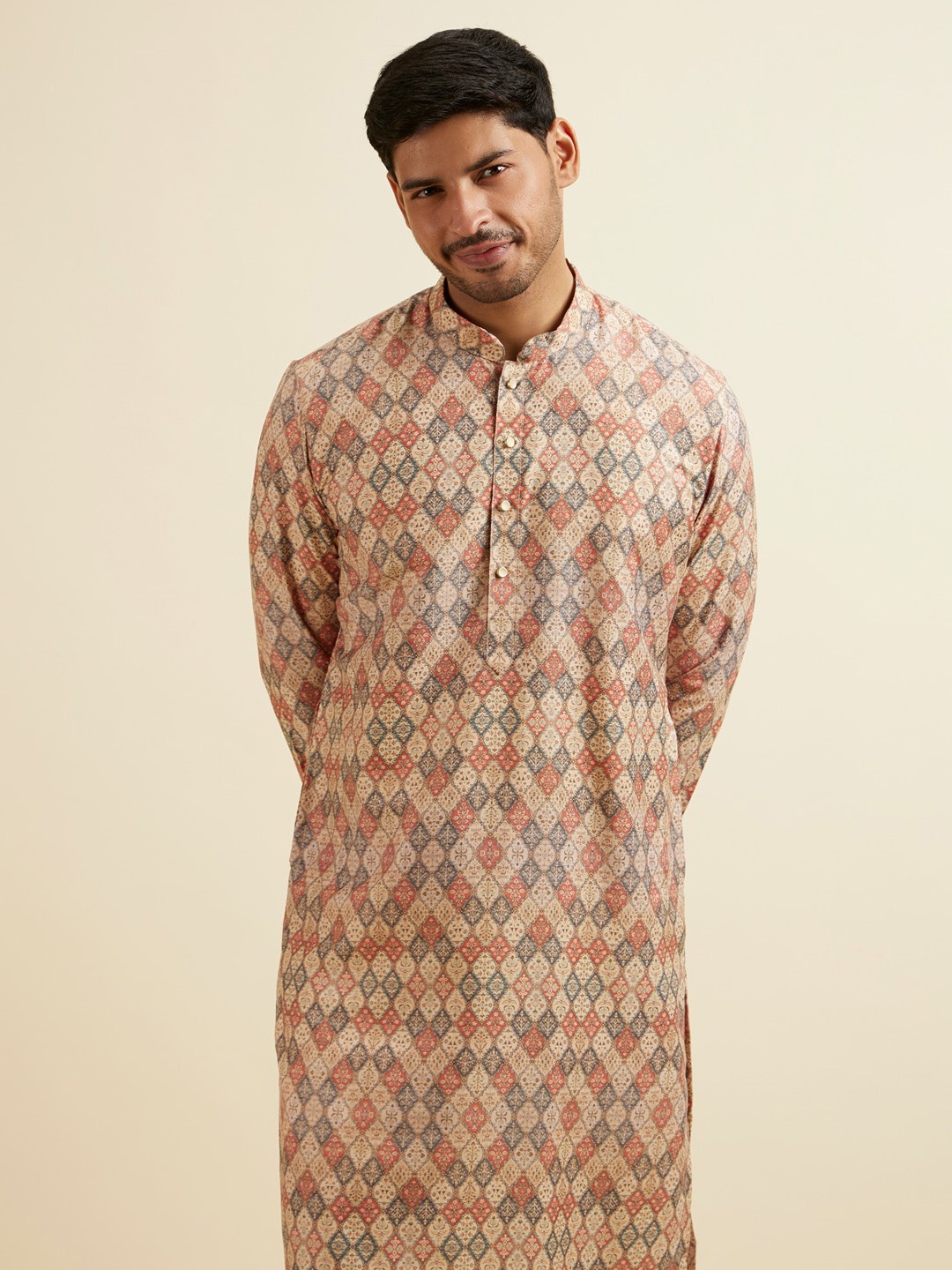 

Manyavar Floral Printed Mandarin Collar Straight Kurta, Beige