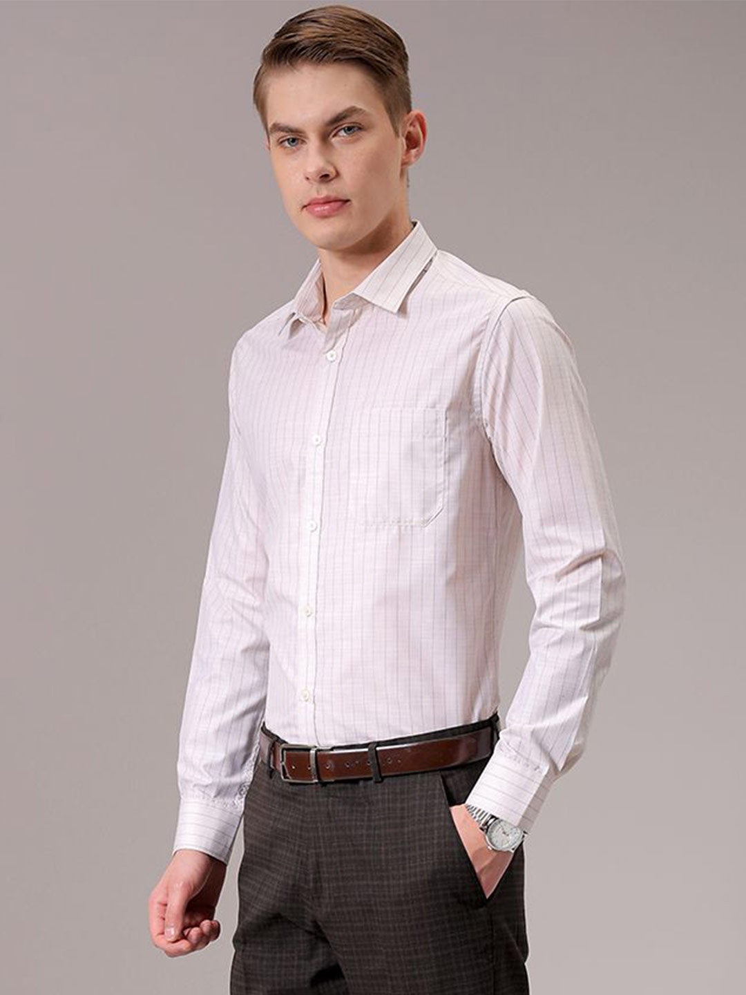 

The Indian Garage Co. X Luxe Men Spread Collar Multi Striped Slim Fit Formal Shirt, Beige