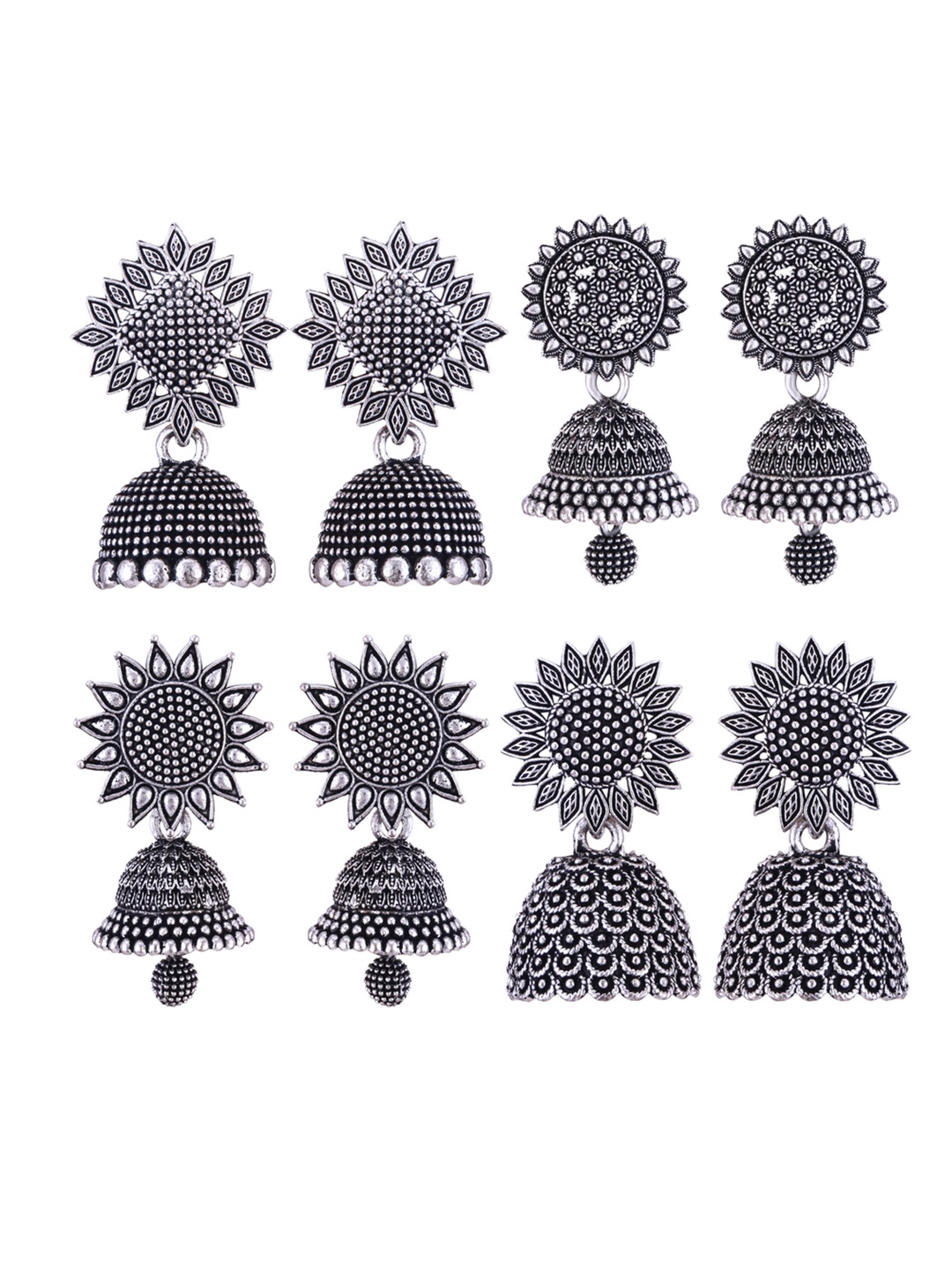 

DIVASTRI Set Of 4 Silver-Plated Stones Studded and Beaded Floral Oxidised Jhumkas