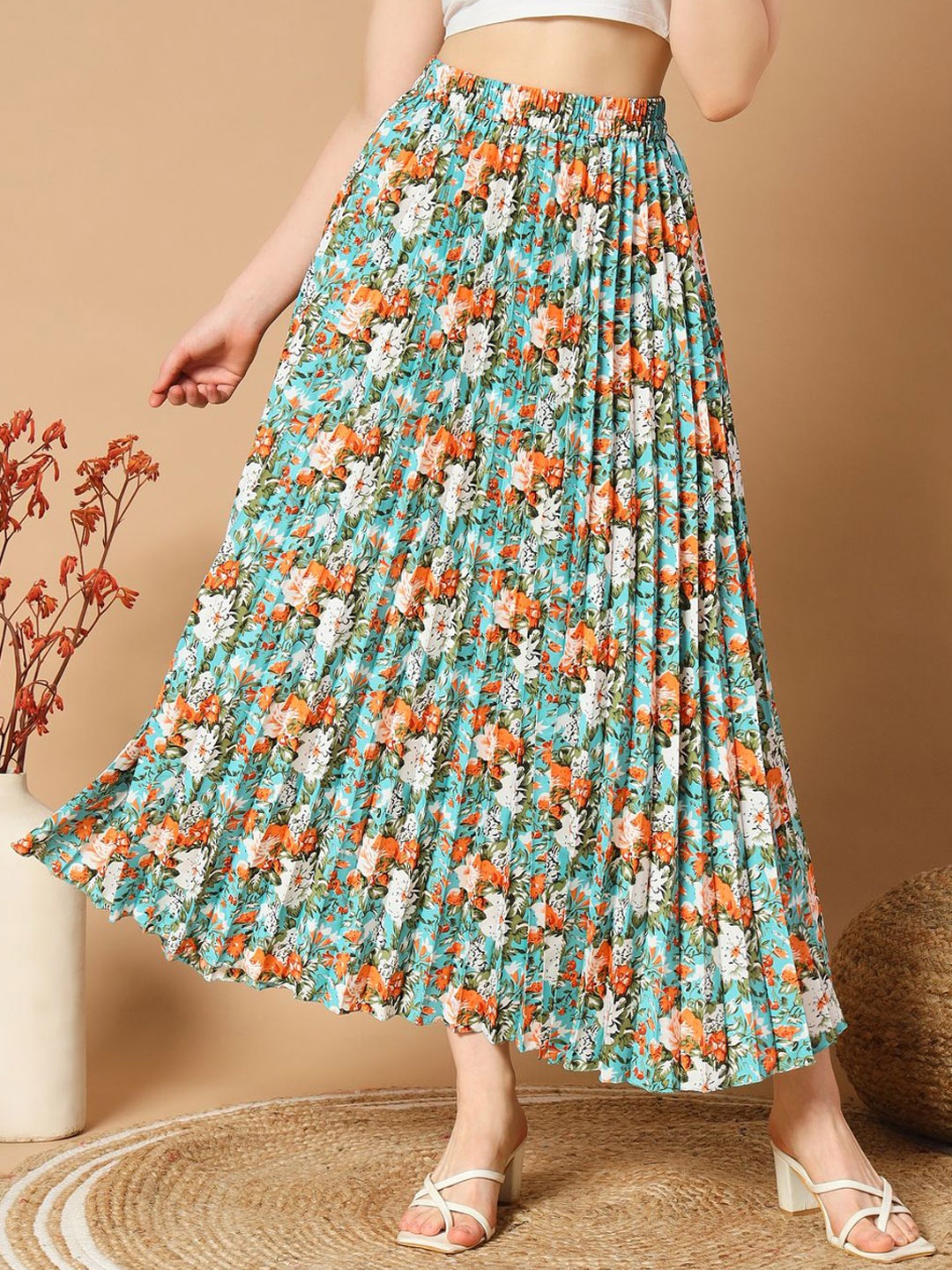 

ZWERLON Women Floral Printed Accordion Pleated A-Line Maxi Skirt, Blue