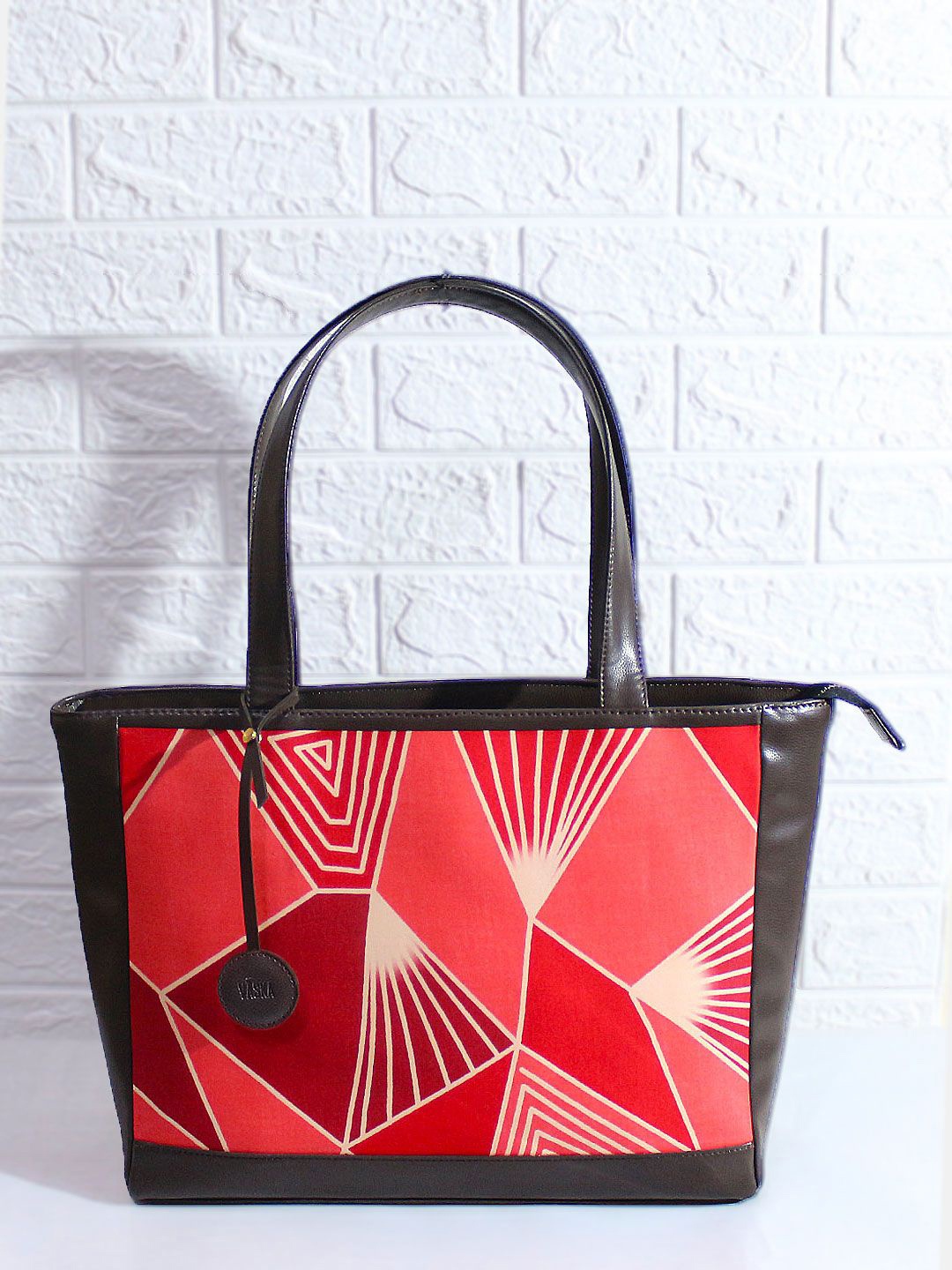 

VASKA Printed Oversized Shopper Tote Bag with Applique, Red
