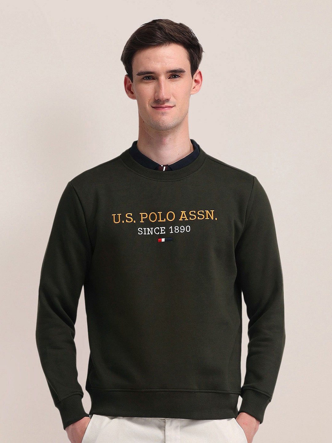 

U.S. Polo Assn. Men Brand Logo Printed Round Neck Cotton Pullover Sweatshirt, Green