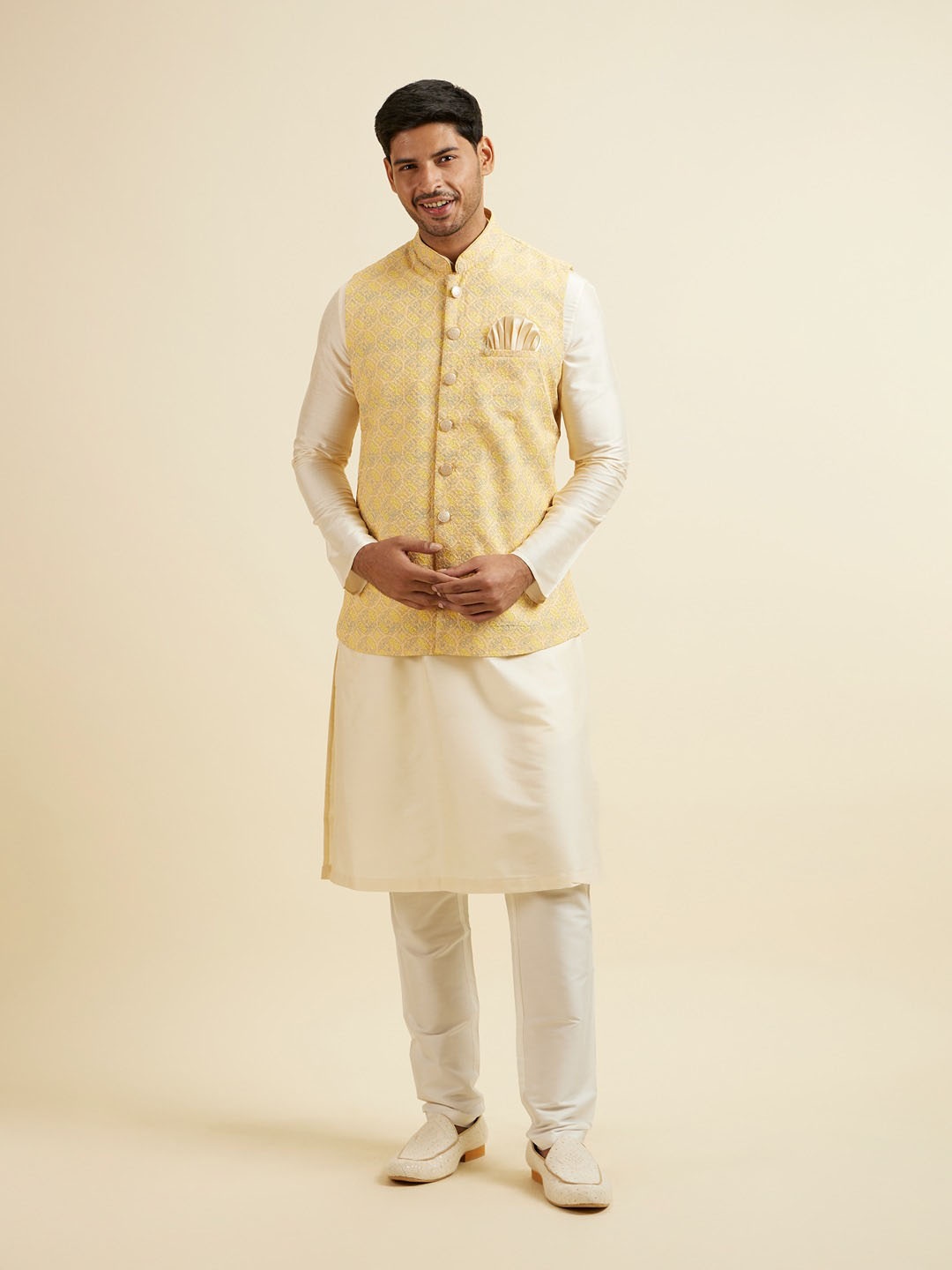 

Manyavar Men Embroidered Woven Nehru Jacket, Yellow