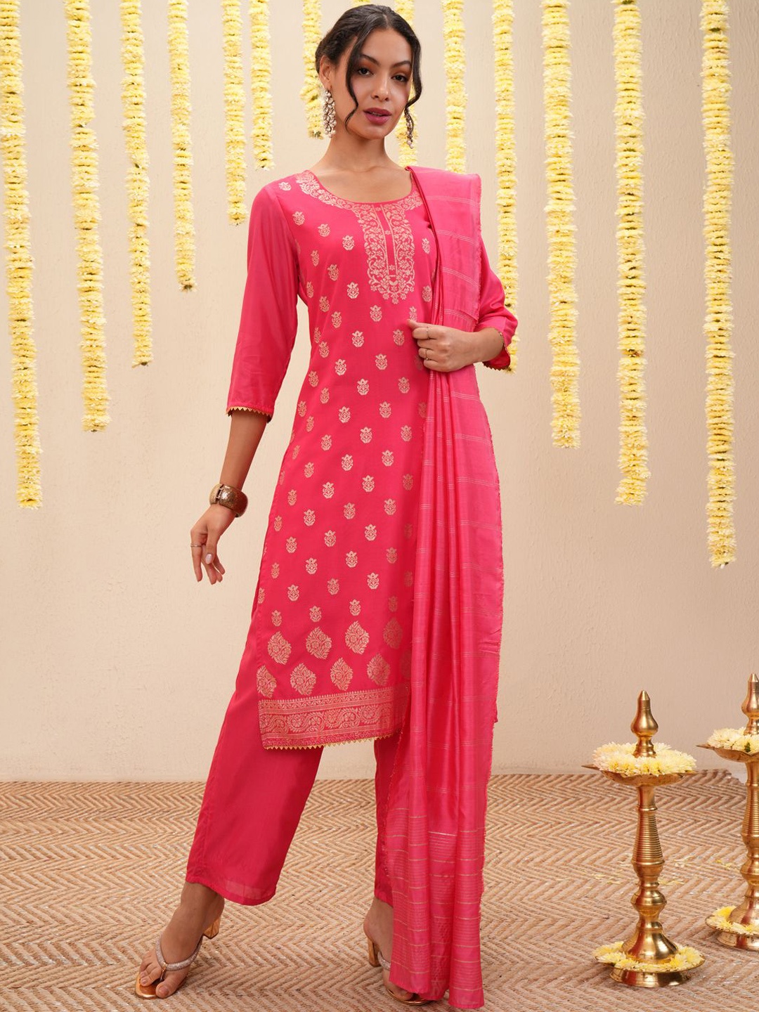 

Vishudh Pink Floral Printed Straight Kurta with Trousers & With Dupatta