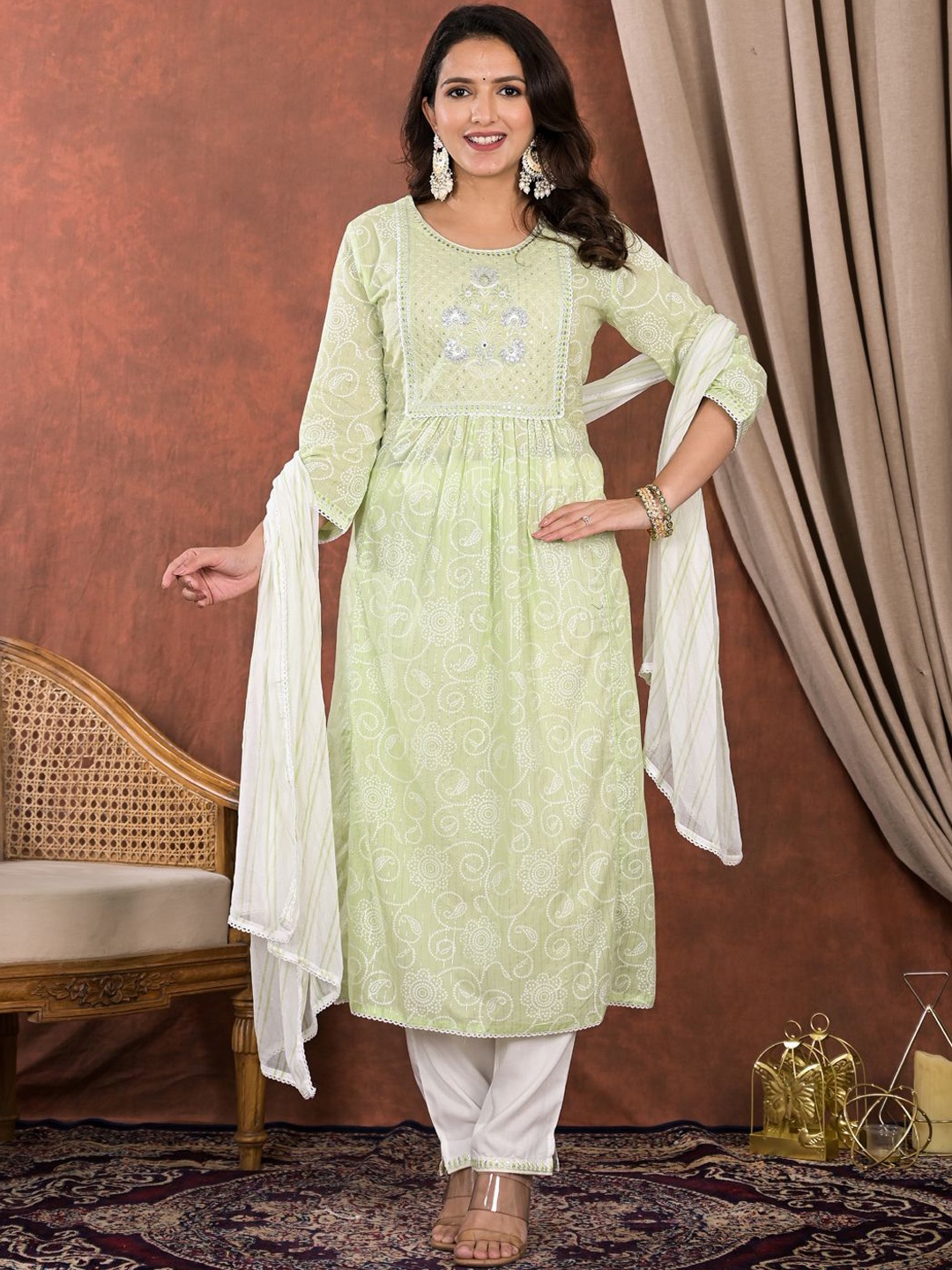 

Readiprint Printed Pleated Thread Work A Line Kurta with Palazzos & Dupatta, Green