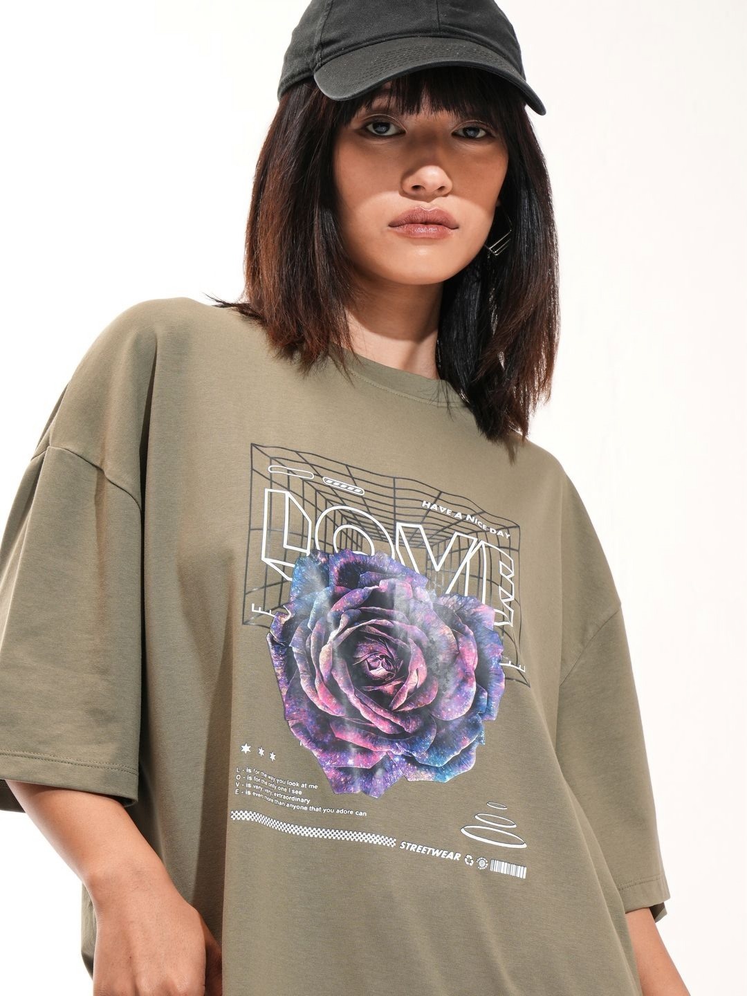 

Tokyo Talkies Women Printed Drop-Shoulder Sleeves T-shirt, Olive