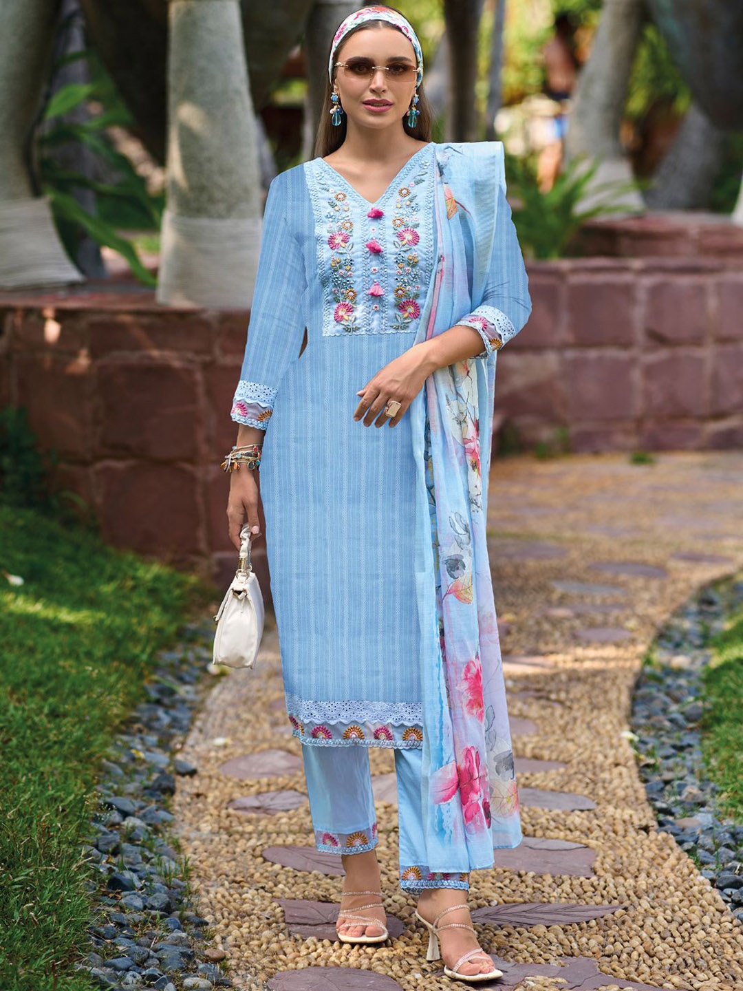 

Indo Era Floral Embroidered Pure Cotton Kurta With Trousers & Dupatta, Blue