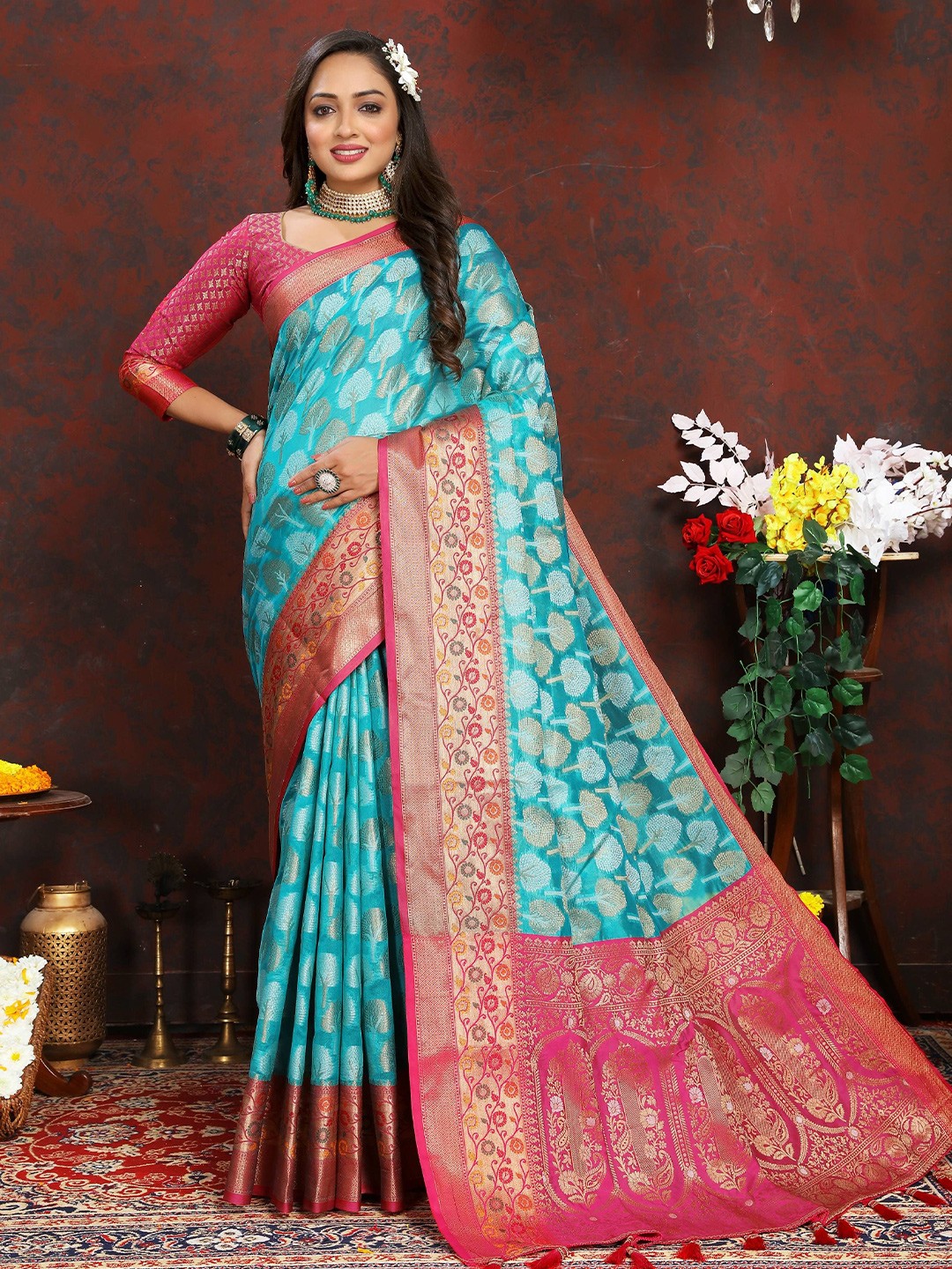

Zeekha Woven Design Zari Pure Silk Kanjeevaram Saree, Turquoise blue