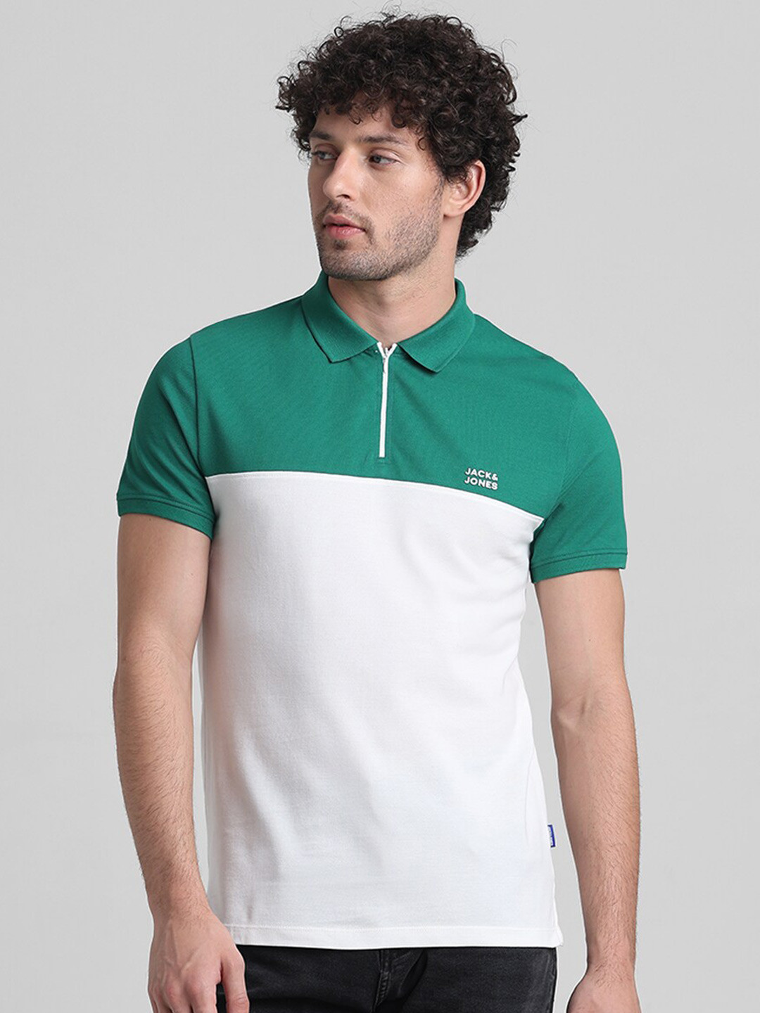 

Jack & Jones Colourblocked Polo Collar Slim Fit Pure Cotton T-shirt, Green