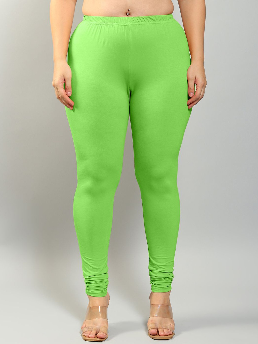 

Plus Size Women Solid Mid-Rise Churidar-Length Leggings, Lime green