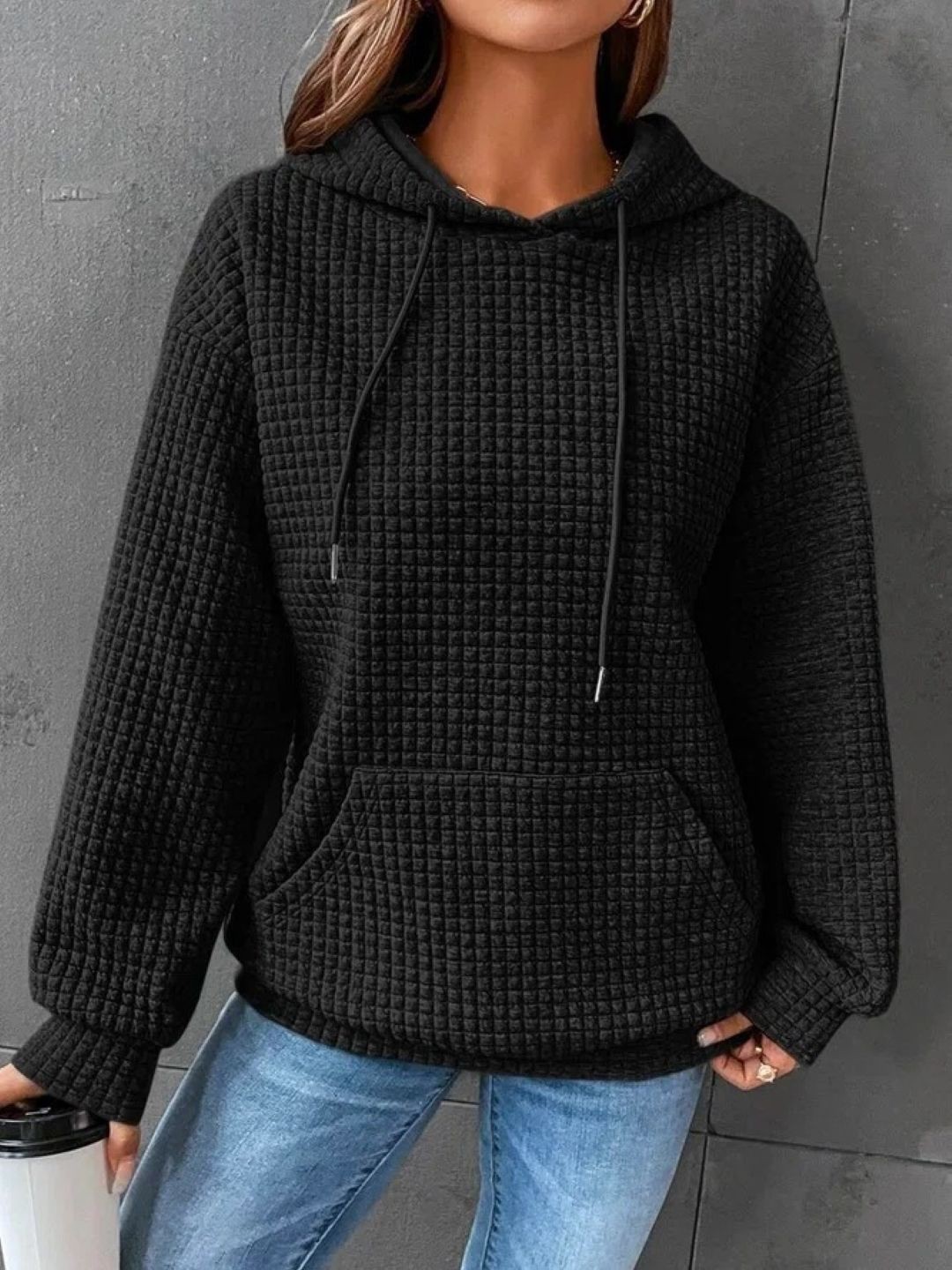 

KPOP Women Self Design Hood Pullover Sweatshirt, Black