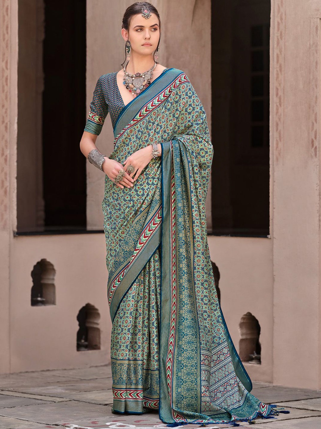 

Anouk Ethnic Motifs Zari Silk Blend Banarasi Saree, Teal