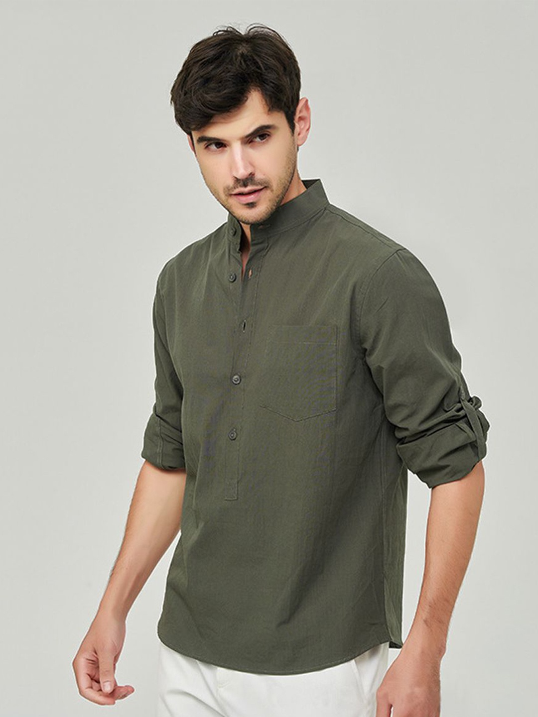 

StyleCast x Revolte Men Band Collar Solid Cotton Casual Shirt, Green