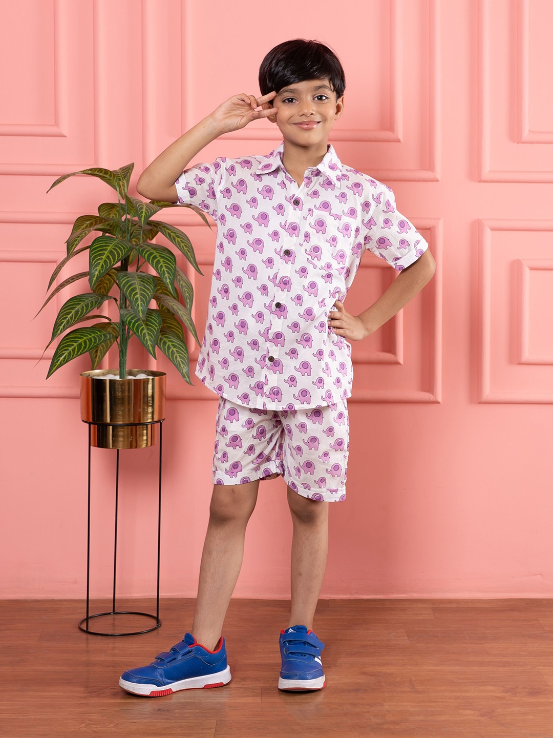 

BEBE UNICORN Boys Printed Short Sleeves Pure Cotton Shirt with Shorts, White