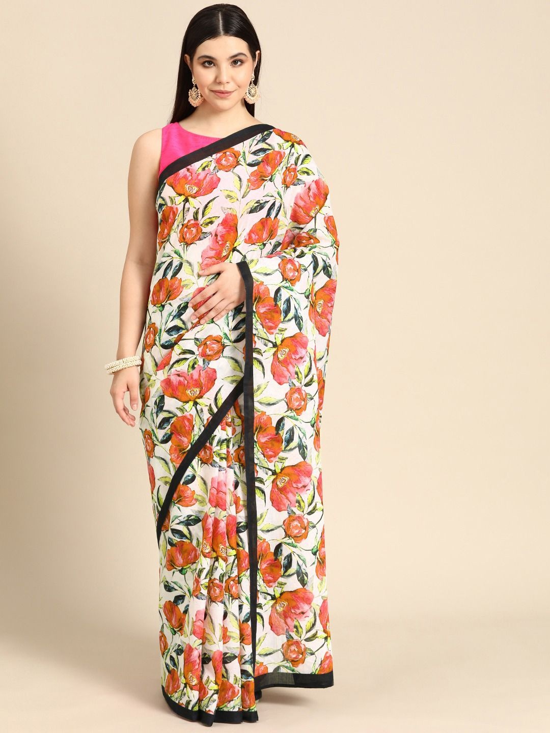 

BUTA BUTI Floral Printed Pure Cotton Saree, Red