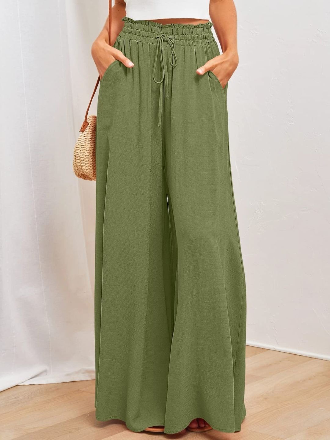 

KPOP Women Slip-On Elasticated Solid Palazzos, Green