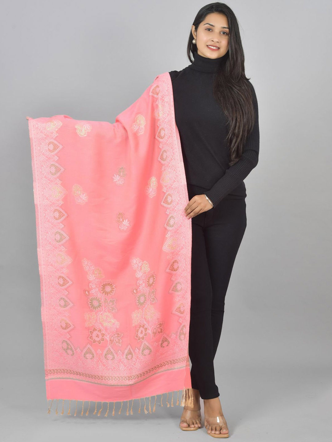 

BAISA Ethnic Motifs Woven Design Jacquard Kashmiri Jamawar Shawl, Pink