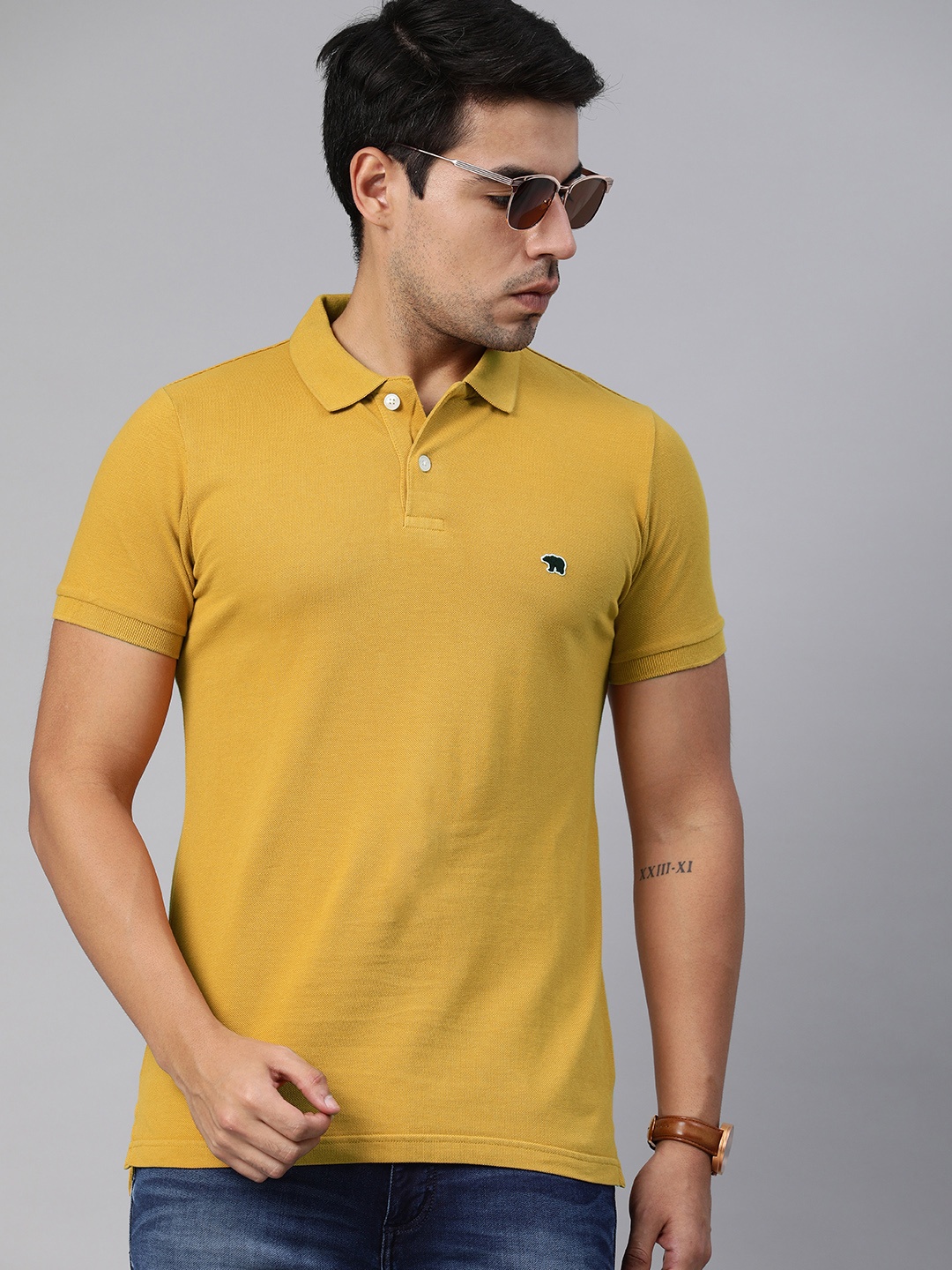 

THE BEAR HOUSE Men Mustard Yellow Solid Polo Collar Pure Cotton T-shirt