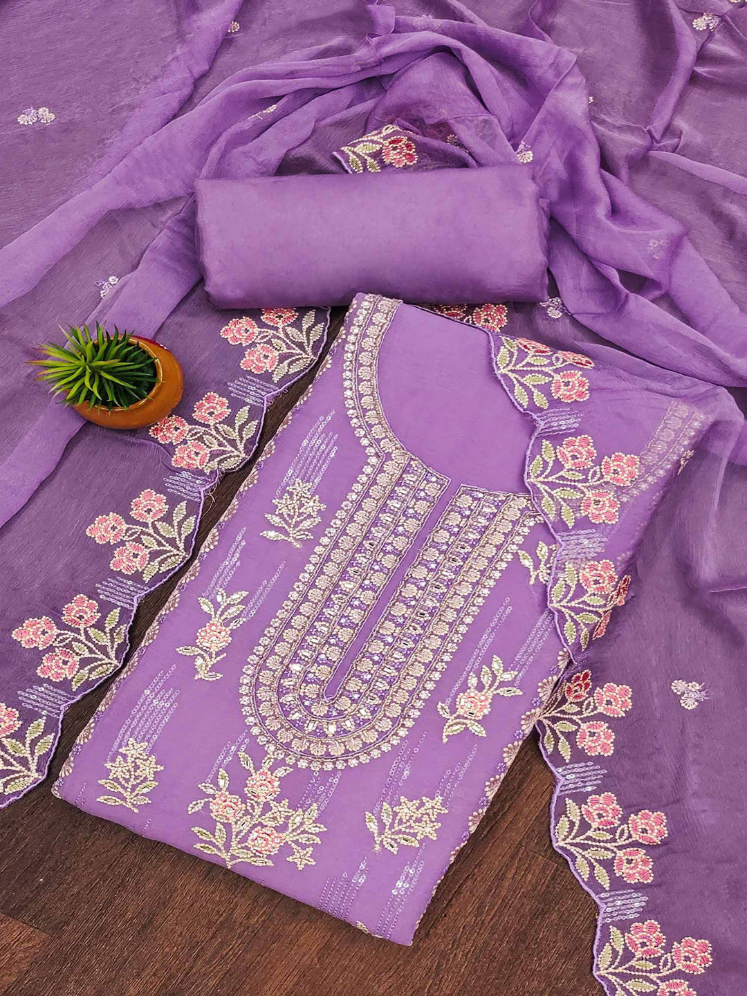 

Peachmode Floral Embroidered Sequinned Silk Chiffon Unstitched Dress Material, Purple