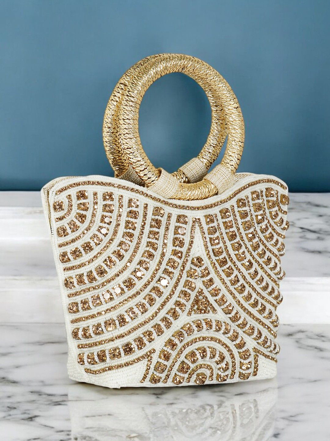 

Exotic Embroidered Jute Purse Clutch, White