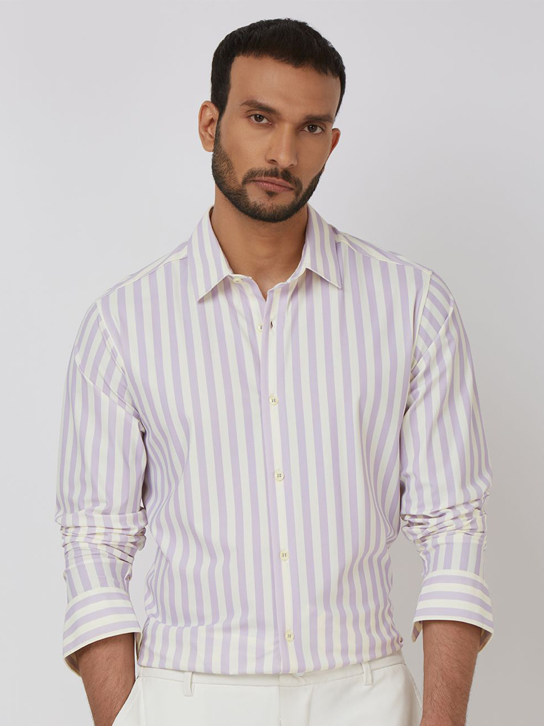 

Mufti Men Spread Collar Vertical Striped Slim Fit Casual Shirt, Lavender