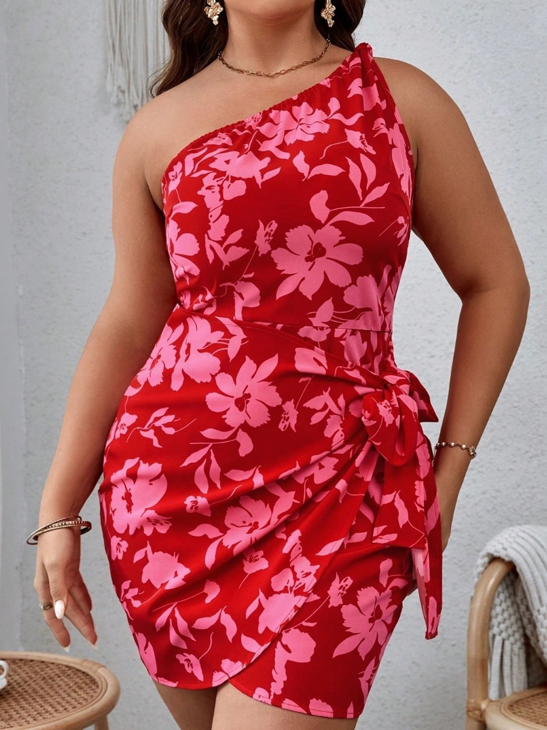 

KPOP Floral Print One Shoulder Women Bodycon Dress, Red