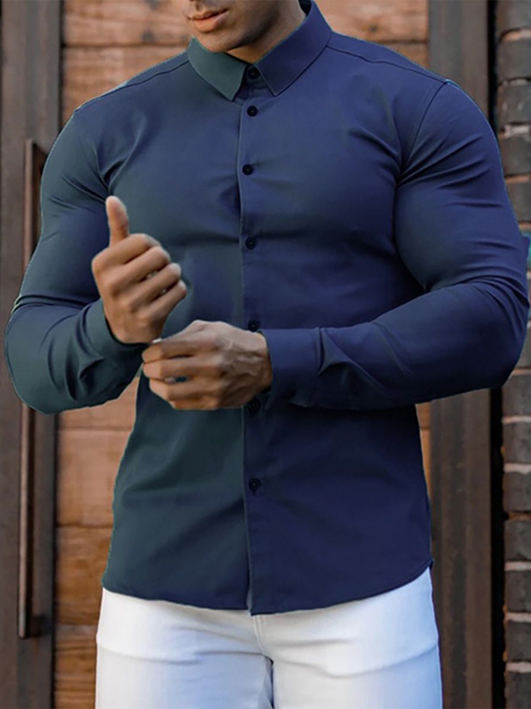 

StyleCast x Revolte Men Cutaway Collar Solid Casual Shirt, Blue