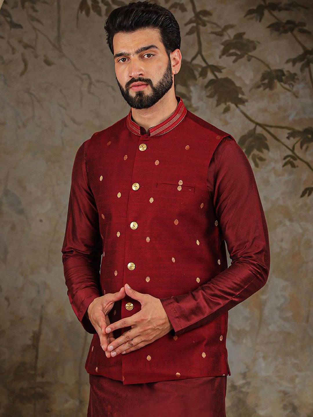 

HOUSE OF DEYANN Woven Design Nehru Jackets, Red