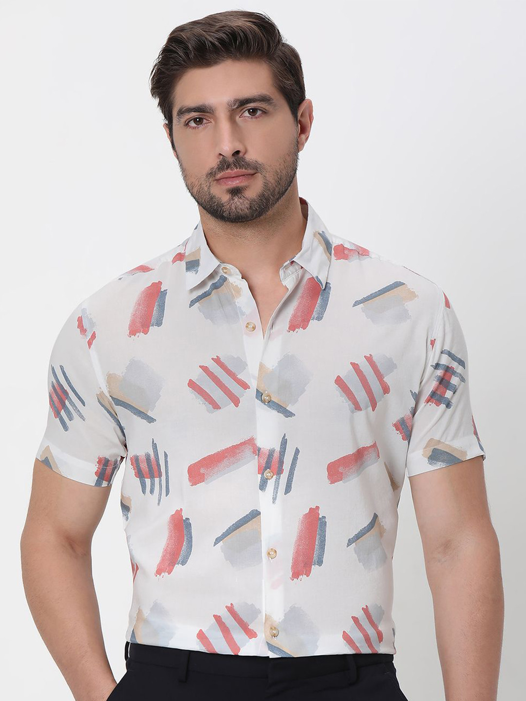 

Mufti Men Spread Collar Abstract Printed Cotton Slim Fit Casual Shirt, White