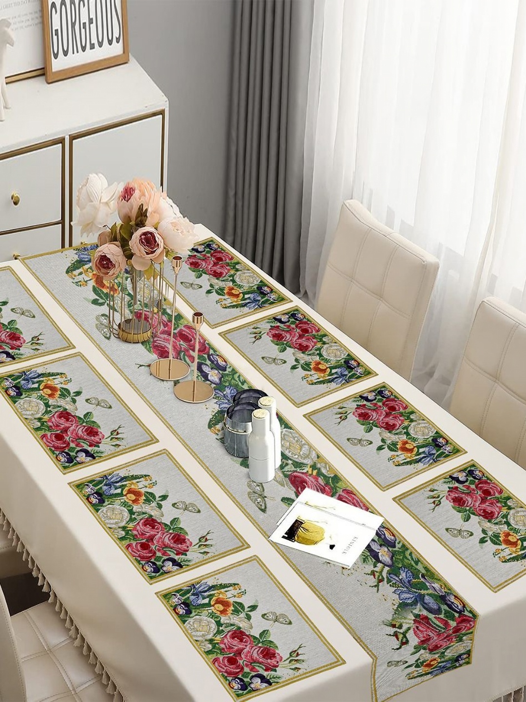 

PRAKARTIK 9Pcs Yellow & Pink Printed Cotton Table Linen Set
