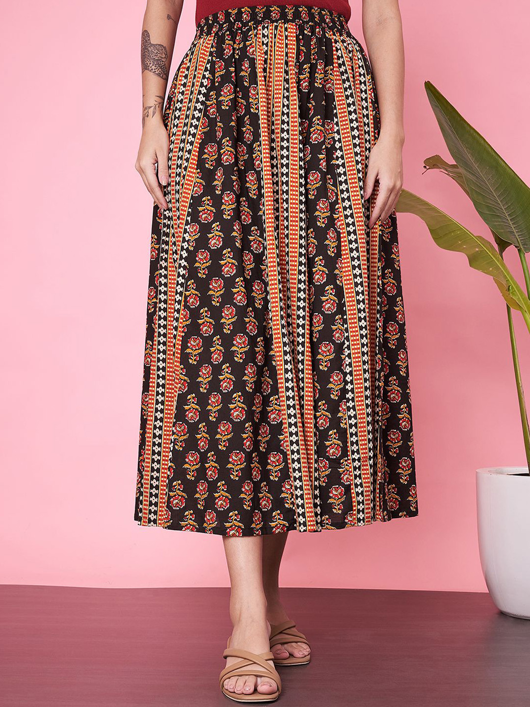

ETC Women Printed Pure Cotton Flared Midi Skirt, Brown