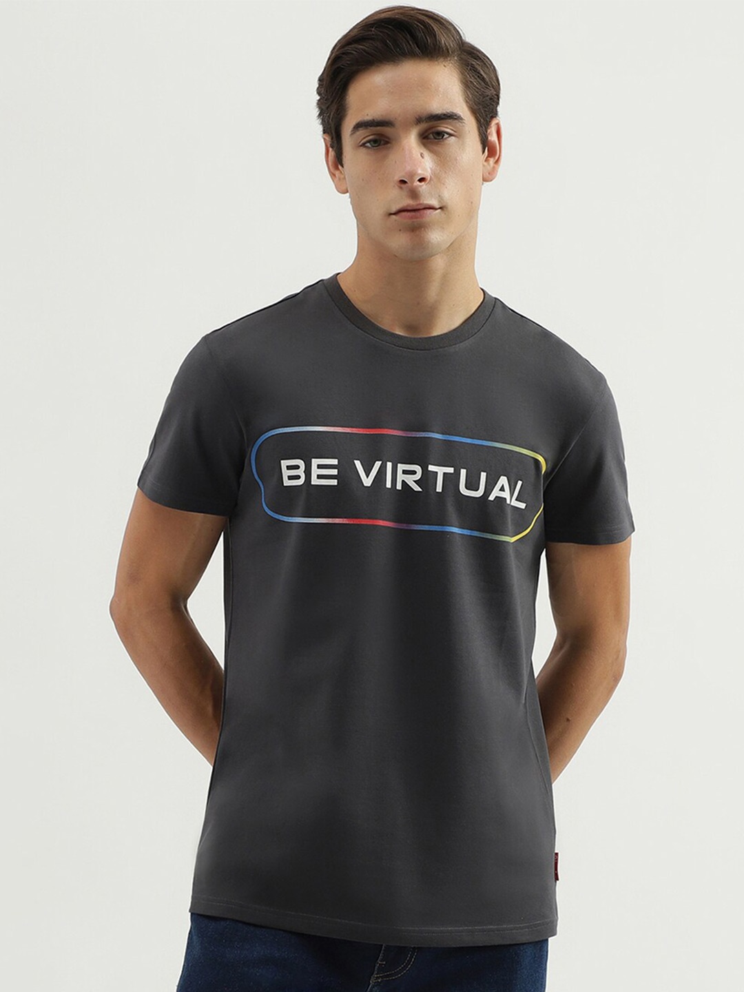 

United Colors of Benetton Typography Printed Round Neck Cotton Regular T-Shirt, Grey