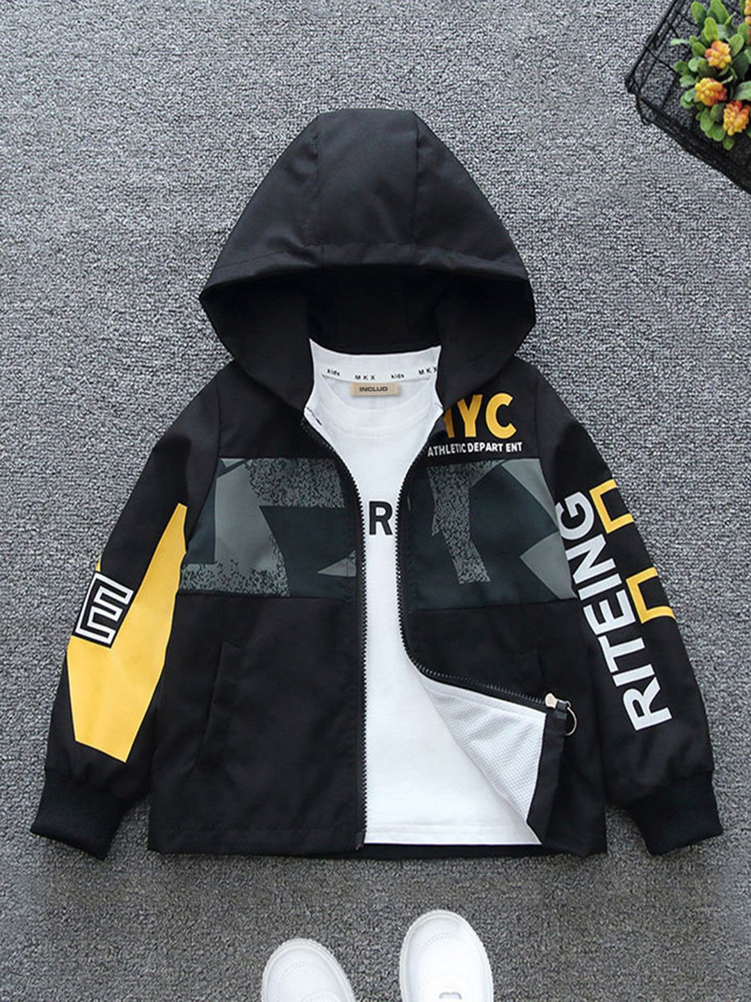 

INCLUD Boys Hooded Typography Printed Open Front Jacket, Black